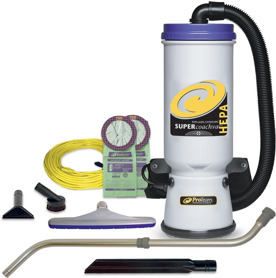 ProTeam 107119 10 Quart Super CoachVac Backpack Vacuum with Xover Multi-Surface Telescoping Wand Tool Kit